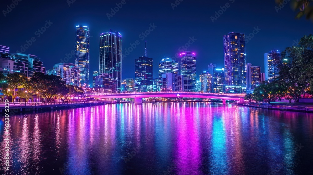 Fototapeta premium Vibrant city skyline at night, bridge over river, people walking, urban scene