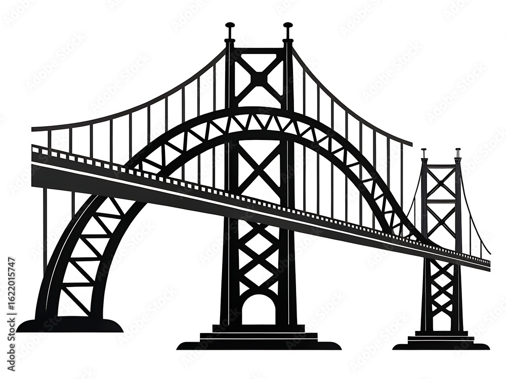 Fototapeta premium Iconic suspension bridge silhouette against white background