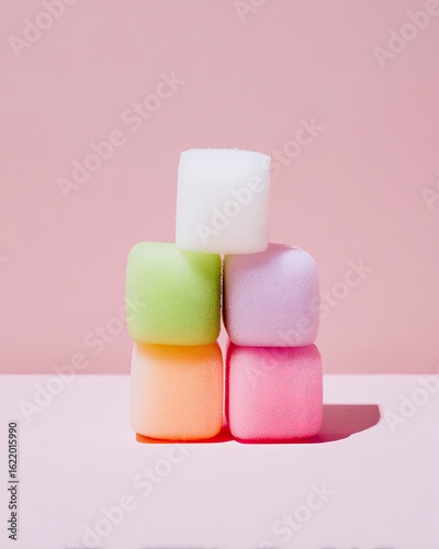 Stacked colorful marshmallow cubes on a pink surface