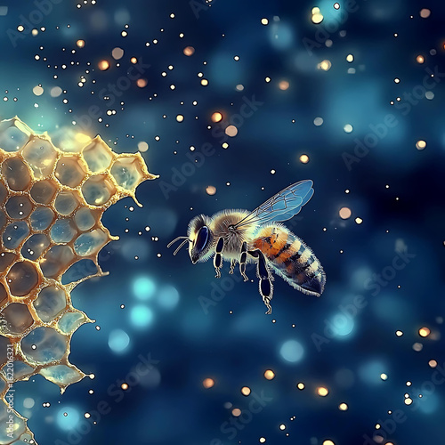Wallpaper Mural Close-up of a Bee Approaching a Honeycomb with Sparkling Background and Colorful Brightness in a Whimsical Style Torontodigital.ca