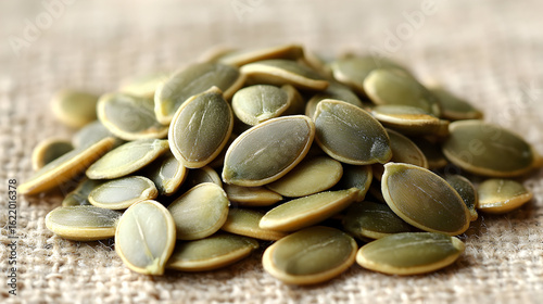 Pile of Pumpkin Seeds on Burlap A Close-up View of a Healthy Snack