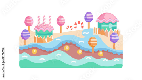 A whimsical candy land with sweet cakes, lollipops, and easter eggs, isolated on white background, creating a colorful and fun illustration