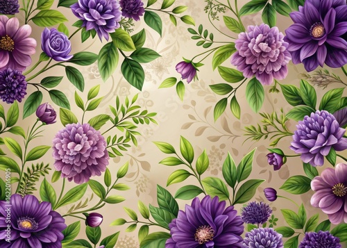 Dark purple floral wallpaper with blooming flowers and lush green leaves on a neutral background