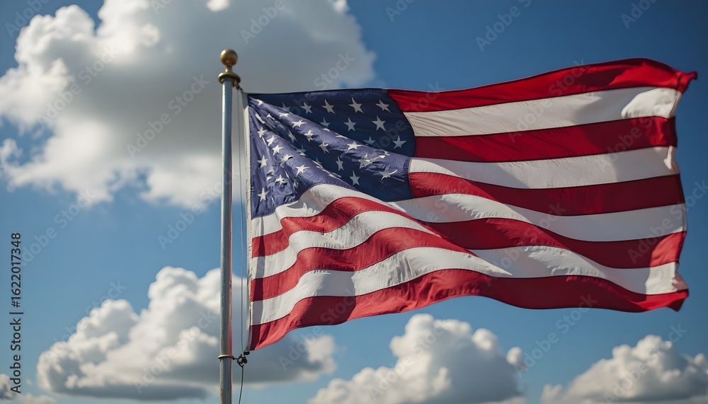 Obraz premium The flag of the United States of America waving proudly against a bright blue sky with white clouds, symbolizing freedom and patriotism.