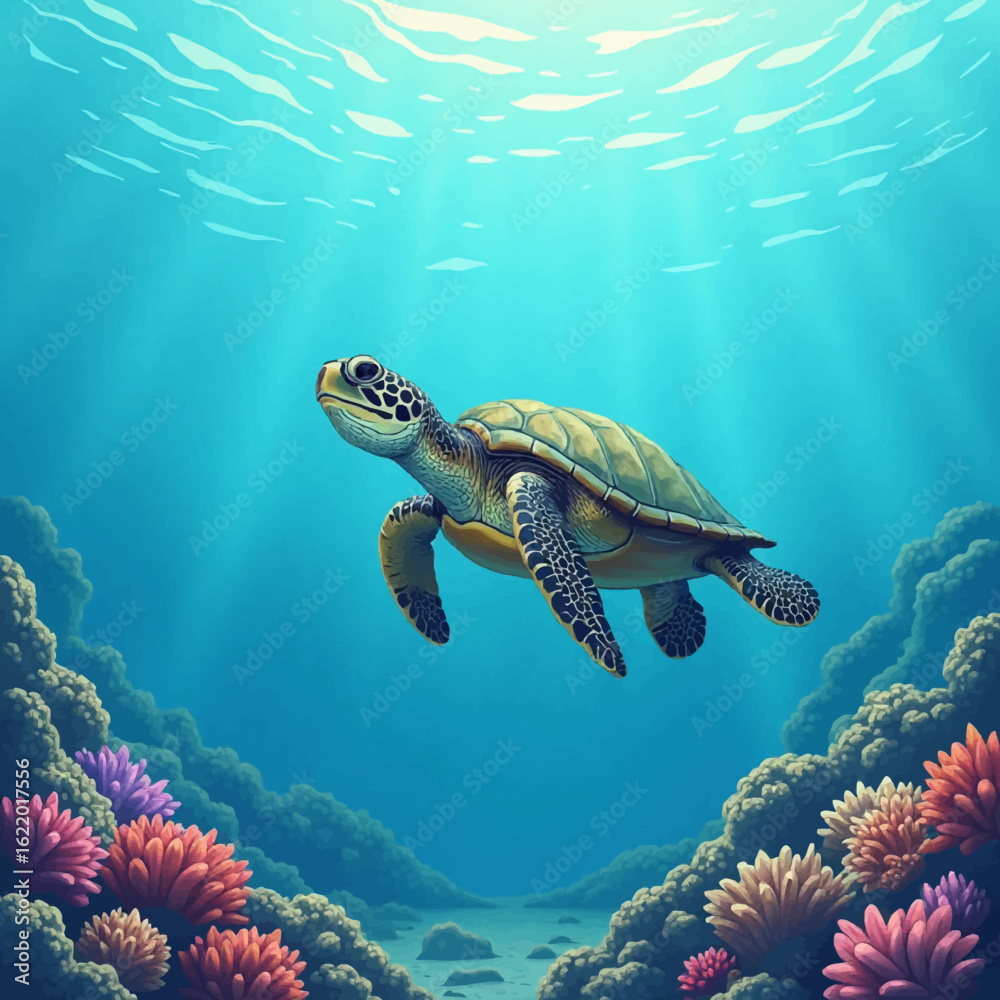 Fototapeta premium Sea turtle swimming amidst vibrant coral reefs in a sunlit underwater scene.