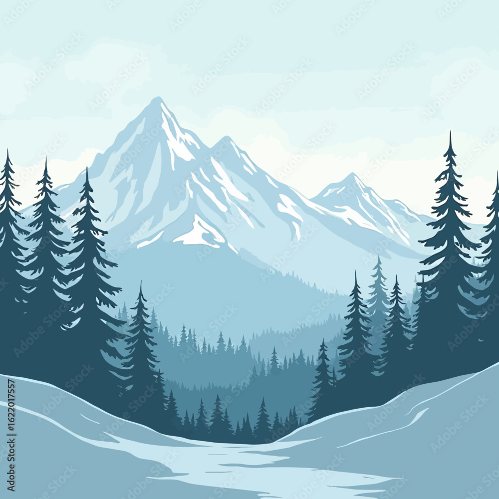 Fototapeta premium Winter mountain landscape with snow-capped peaks and dense forests.