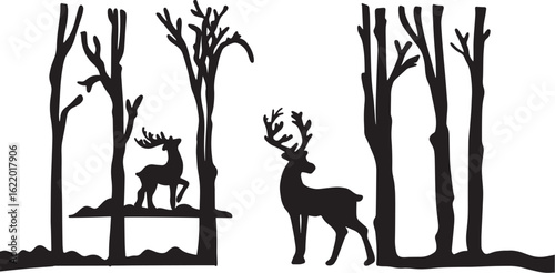 Deer in Forest Vector | Christmas Winter Scene Silhouette Illustration