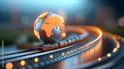 Global connectivity journey train transporting globe model modern environment 3d illustration creative viewpoint conceptual impact