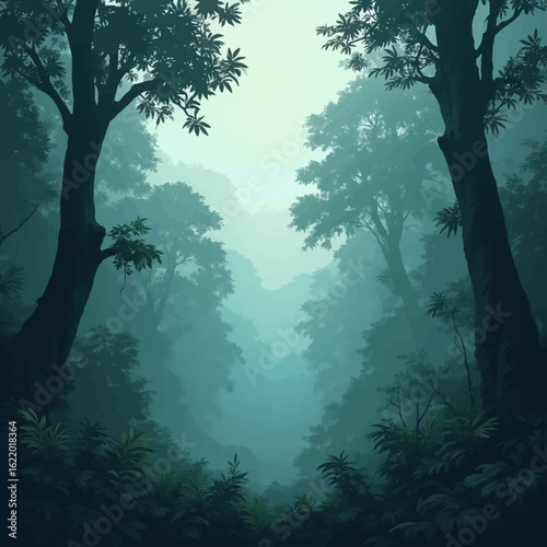Misty forest path, deep green foliage, tranquil atmosphere, disappearing into the distance.