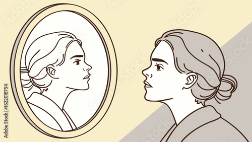 A woman looking at her reflection in the mirror, contemplating her selfimage and inner thoughts in a vintage style