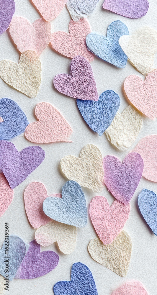 Fototapeta premium A pastel-colored, heart-shaped confetti is scattered on a white background, with a soft and delicate color palette of pink, blue, cream, and lavender. The hearts have intricate.