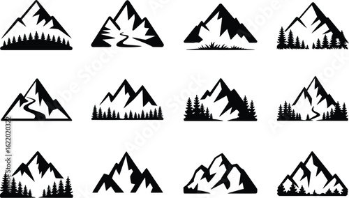 Mountain range forest river grass mountains peak