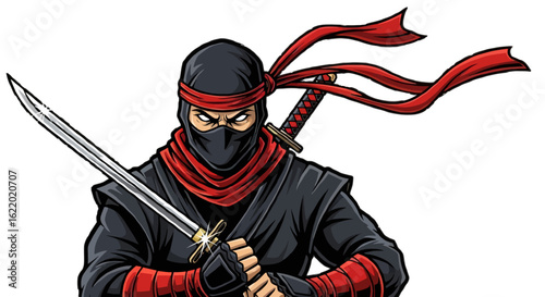 Fierce ninja warrior with a red scarf holding a sharp katana sword. An illustrated masked assassin character in a fighting stance.