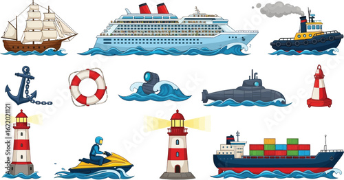 Collection of maritime vessels and navigation aids on water