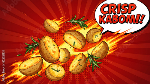 Crisp Kaboom Roasted Potatoes with Rosemary Exploding on Radial Red Background