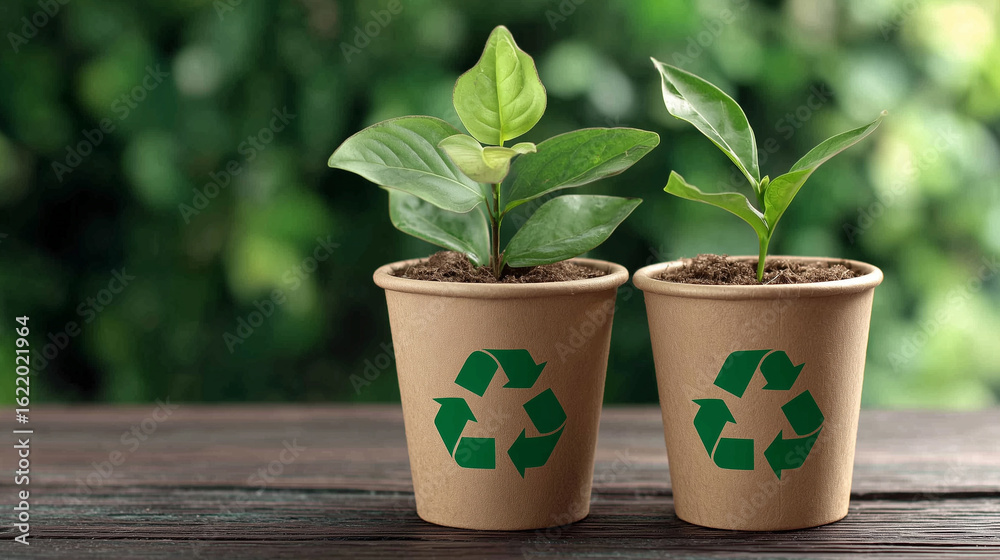 Obraz premium Eco Plants Growing in Recycled Containers