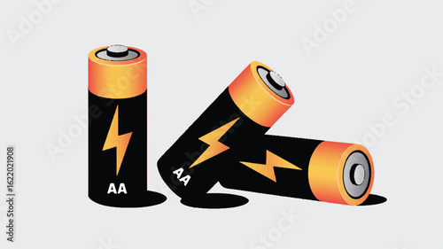 Three black orange batteries with lightning bolts battery power