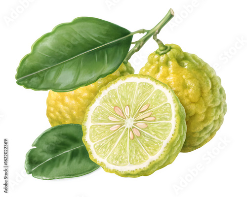 Fresh bergamot citrus fruit with leaves on black background