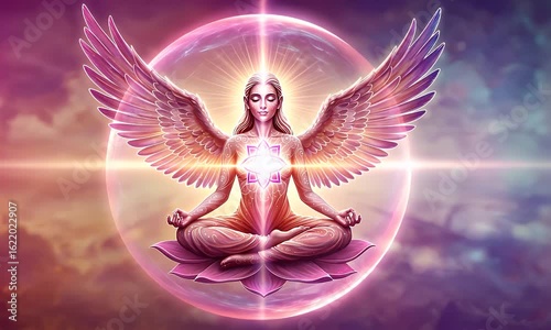 Serene winged figure in lotus pose, encircled by a glowing orb, against a cloudy backdrop