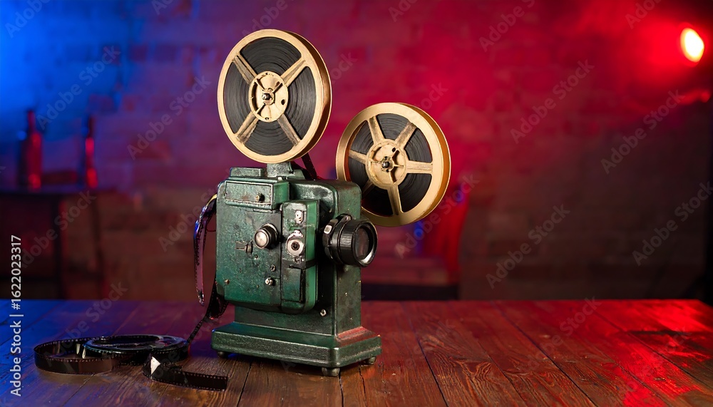 Fototapeta premium Antique cinema projector on a wooden table with dramatic lighting