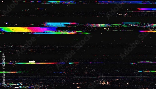 distorted VHS video screen with RGB color split, scan lines, static noise