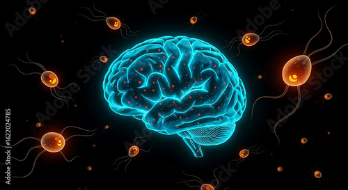CyanBlue Human Brain with Surrounding Orange Flagellates.
