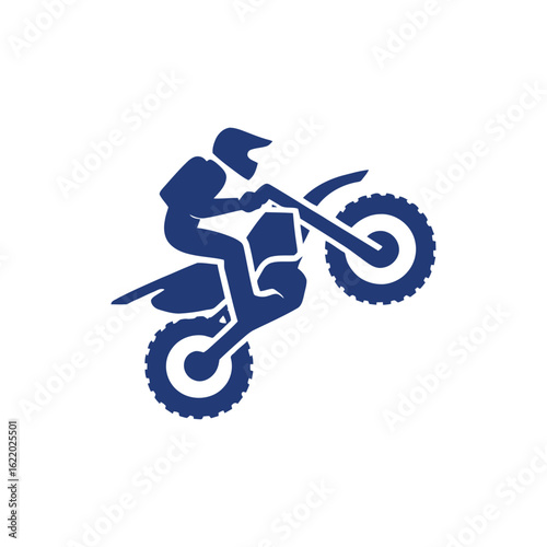 Silhouette of a motorcyclist performing a wheelie on a dirt bike, depicted in a solid blue color against a white background.
