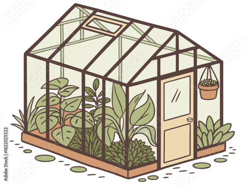 A greenhouse with plants isolated on white background, a glass house for growing plants, a botanical garden with tropical vegetation and flora