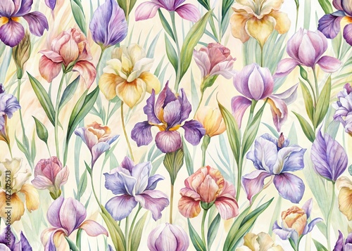 Floral seamless pattern with watercolor irises and soft pastel hues