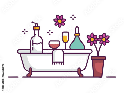 A luxurious spa scene with a bathtub, wine, flowers, and aromatherapy products, creating a relaxing and rejuvenating atmosphere isolated on white background