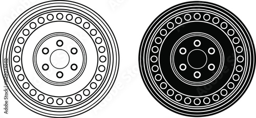 Two contrasting car wheels one in black and white outline and the other in solid black
