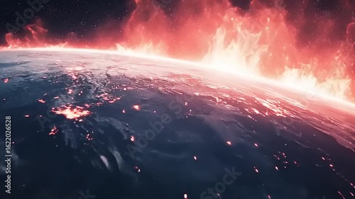 Planet Earth engulfed in fiery flames from space.