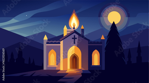 The gentle glow of candlelight spilling out of a historic church on a quiet evening inviting all to come and find solace within its walls.