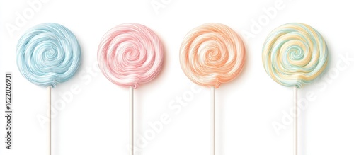 Row of four swirl lollipops in pastel blue, pink, orange and mint on a white background