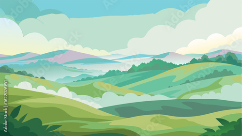 Rolling hills blanketed in a soft mist giving the landscape a dreamy ethereal quality.