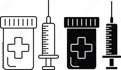 Medical syringe and pill bottle icons with plus sign