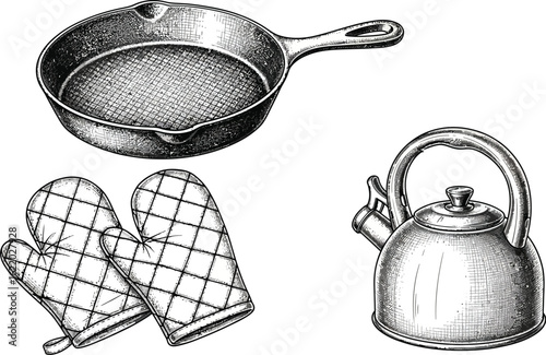 Vintage kitchen essentials: cast iron pan, oven mitts, and kettle.