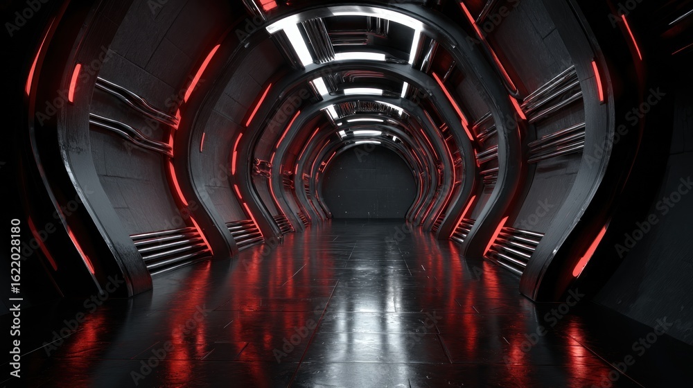 Fototapeta premium Futuristic tunnel with red neon lighting (2)