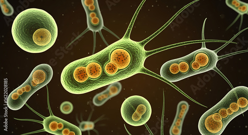 Microscopic View of Diverse Protists with Flagella and Internal Structures.