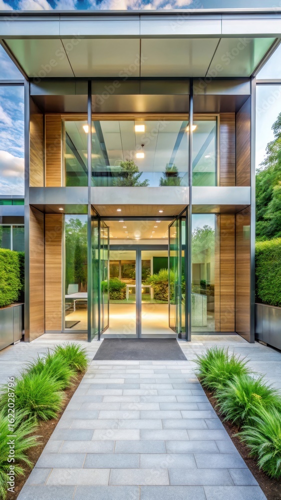 Fototapeta premium Modern Clinic Entrance with Glass Double Doors and Green Landscaping