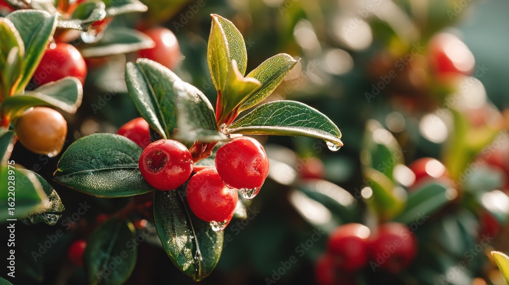 Obraz premium Red berries with glossy green leaves on a plant, close-up of vibrant natural foliage