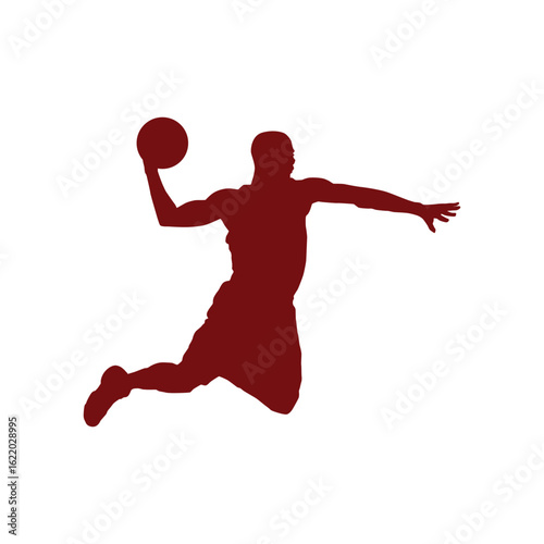 A maroon silhouette of a basketball player executing a powerful dunk.
