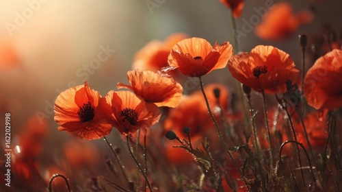 Vibrant Poppy Flowers Blooming in a Sunlit Field at Dawn