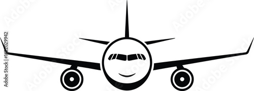Front view silhouette of a modern commercial airplane against a white background