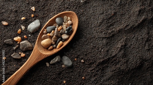 Wooden Spoon Filled with Colorful Pebbles on Dark Sand Surface