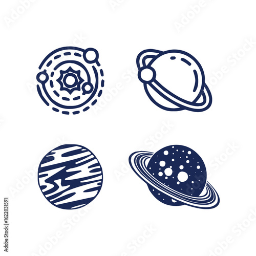 Simple line art icons depicting celestial bodies: a star system, Saturn, Jupiter, and another ringed planet.