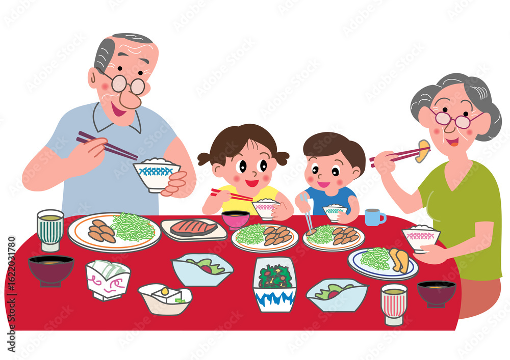 食事をする老夫婦と子供たち
食事をする老夫婦と子供たち