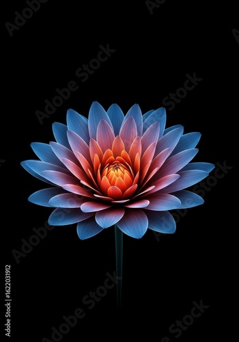 Mesmerizing glowing blue and orange lotus flower against a deep black background