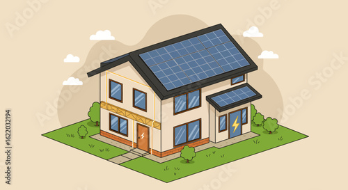 Isometric Illustration of a Modern House with Solar Panels