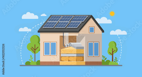 Illustrated Cross-Section of a House with Solar Panels and Insulation